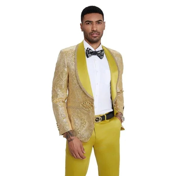 2026 Prom 2026 Special Mustard Paisley 2pc Mens Suit by Tazzio - 38 Short Jacket+32 Waist Adjustable 28to34)(Height: 5 4 to5 7 )(Neck  15-16.5)S-M)