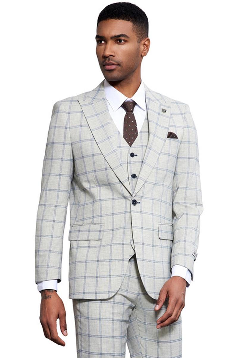 Men's Stacy Adams One Button Peak Lapel Vested Windowpane Plaid Suit in Grey & Blue - 38 Regular