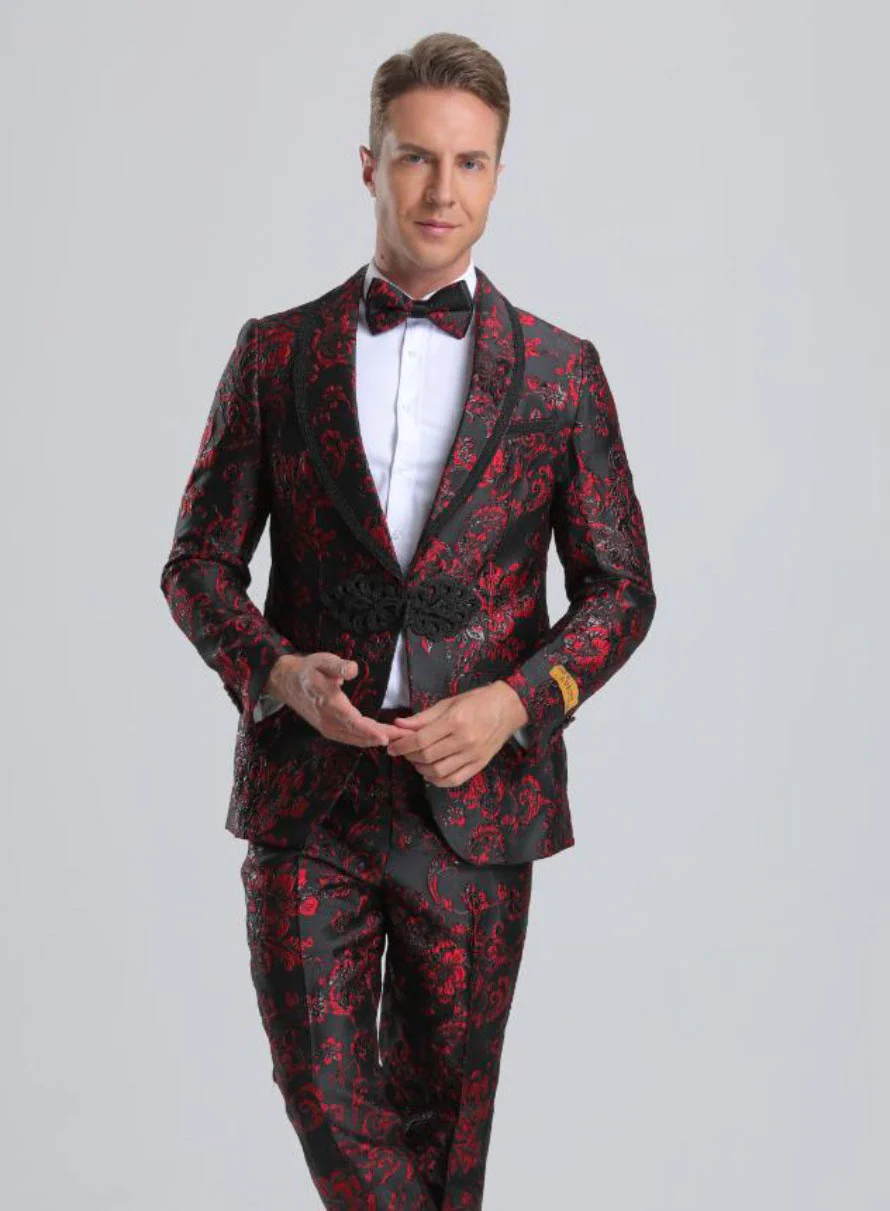 Best Men's Fancy Black & Red Floral Paisley Prom Tuxedo with Red Trim  - For Men  Fashion Perfect For Wedding or Prom or Business  or Church