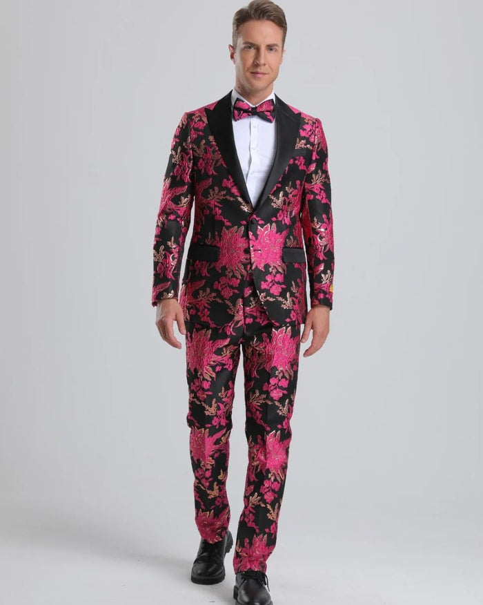 Men's Fuchsia Pink & Black Floral Paisley Prom 2022 Tuxedo