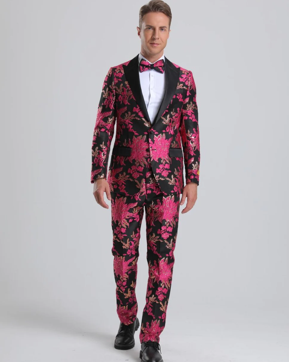 Best  Men's Fuchsia Pink & Black Floral Paisley Prom 2026 Tuxedo  - For Men  Fashion Perfect For Wedding or Prom 2026 or Business  or Church - XS