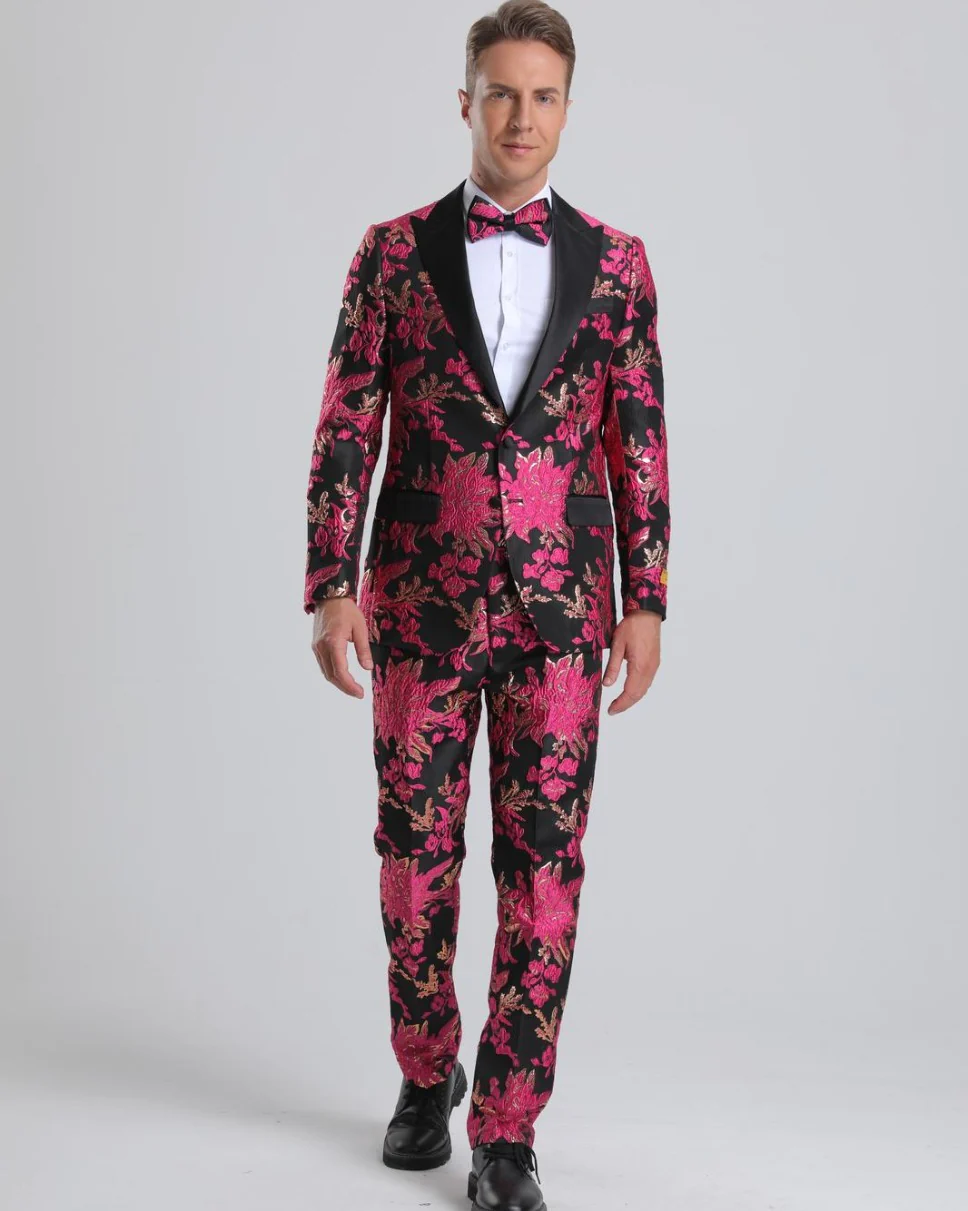 Best  Men's Fuchsia Pink & Black Floral Paisley Prom Tuxedo  - For Men  Fashion Perfect For Wedding or Prom or Business  or Church