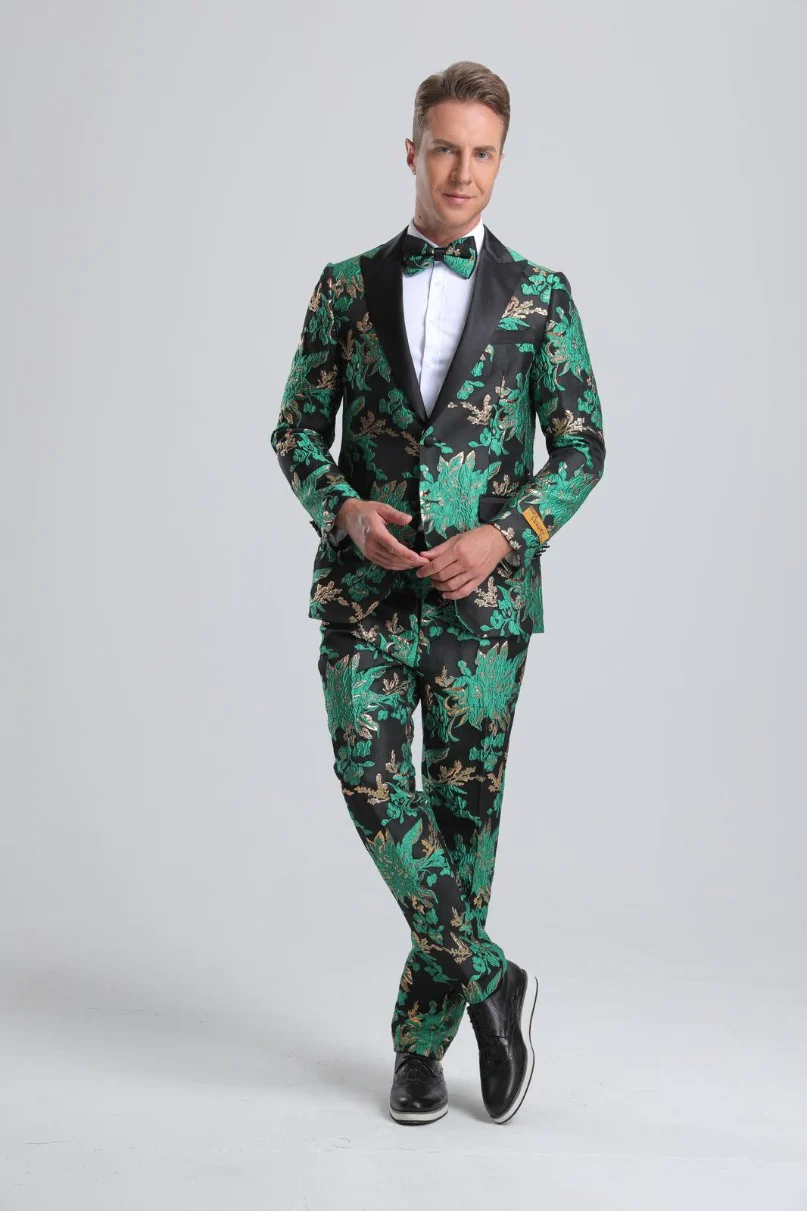 Best Men's Green & Black Floral Paisley Prom Tuxedo   - For Men  Fashion Perfect For Wedding or Prom or Business  or Church