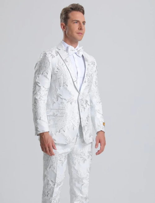 Best  Men's White & Silver Floral Paisley Prom 2026 Tuxedo - For Men  Fashion Perfect For Wedding or Prom 2026 or Business  or Church