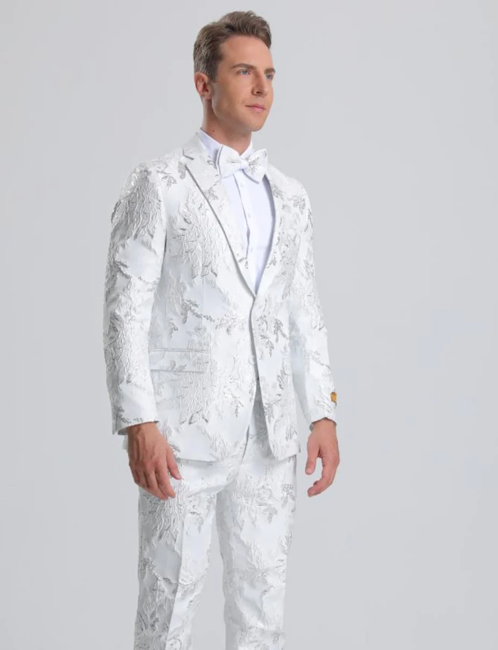 Best  Men's White & Silver Floral Paisley Prom 2026 Tuxedo - For Men  Fashion Perfect For Wedding or Prom 2026 or Business  or Church