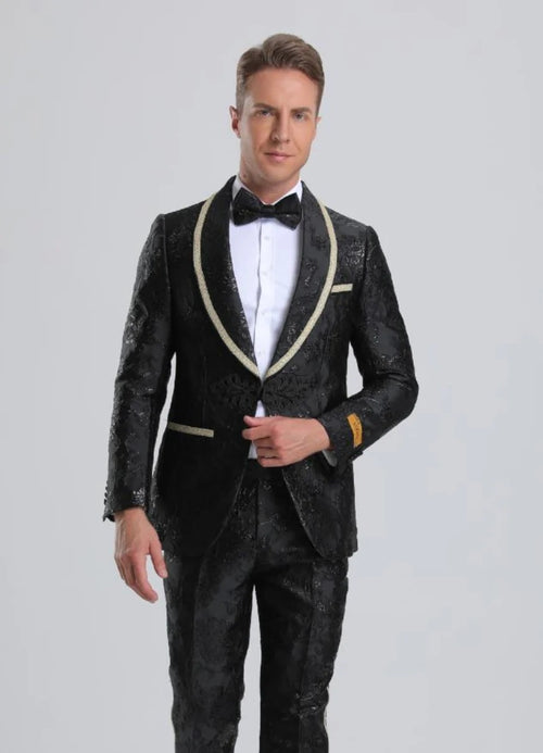 Men's Fancy Black Floral Paisley Prom 2026 Tuxedo with Gold Trim