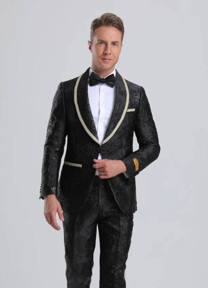 Men's Fancy Black Floral Paisley Prom 2026 Tuxedo with Gold Trim