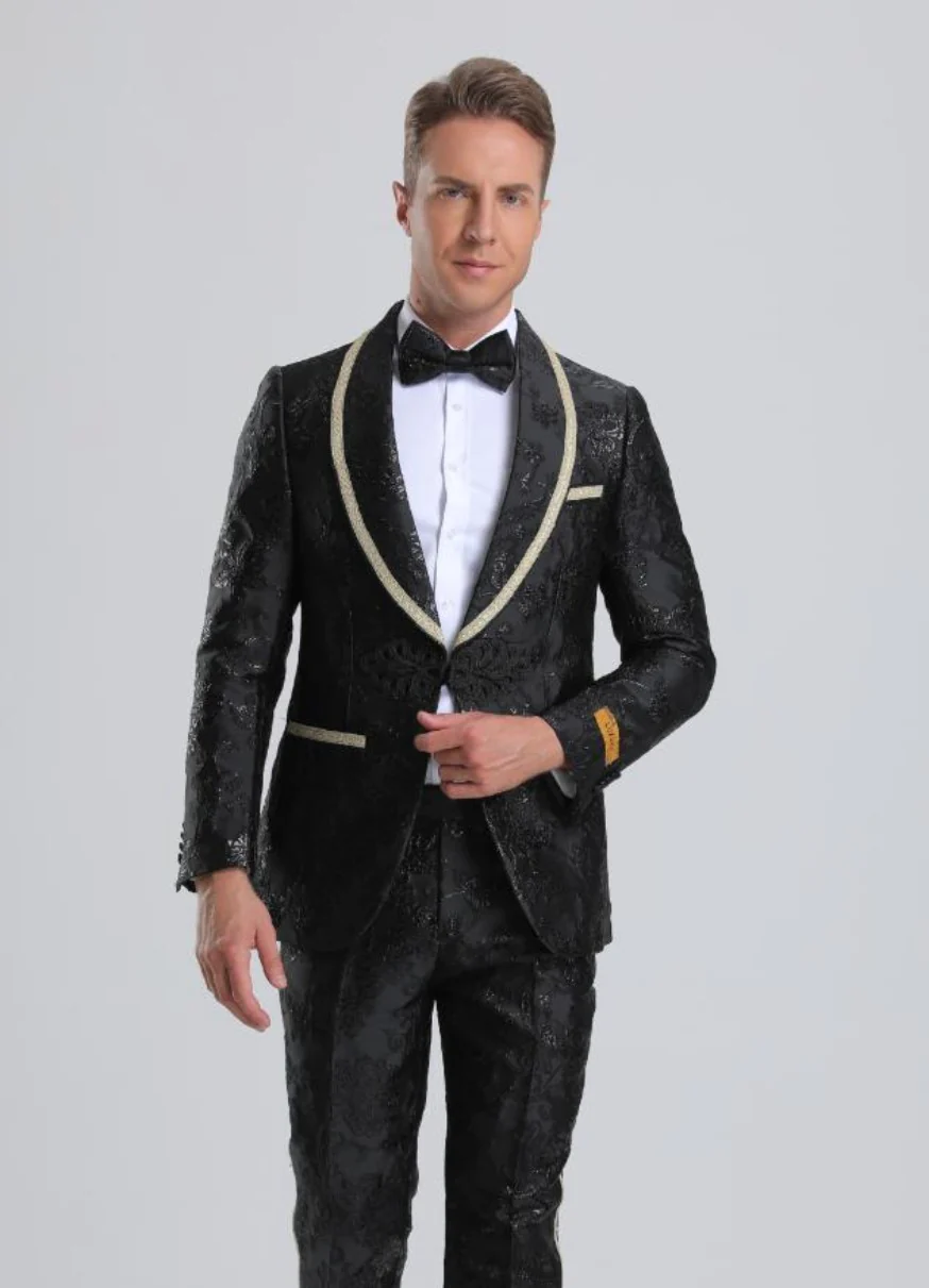 Best Men's Fancy Black Floral Paisley Prom 2025 Tuxedo with Gold Trim - For Men  Fashion Perfect For Wedding or Prom 2025 or Business  or Church - XS