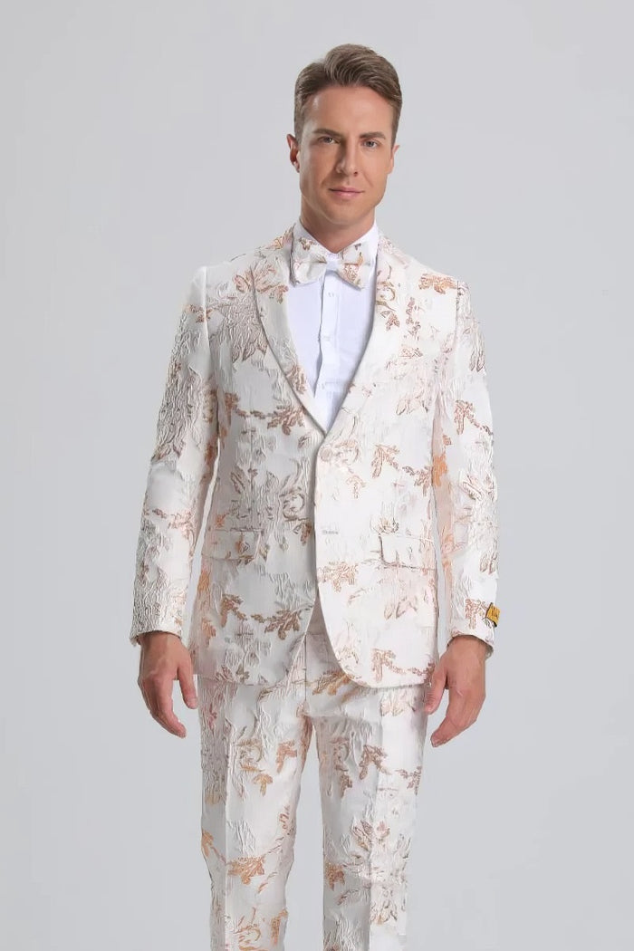 Best Men's White & Peach Floral Paisley Prom 2026 Tuxedo - For Men  Fashion Perfect For Wedding or Prom 2026 or Business  or Church
