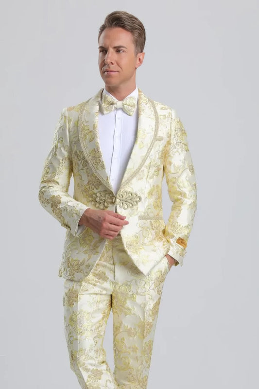 Best Men's Fancy Ivory & Gold Floral Paisley Prom 2025 Tuxedo with Gold Trim  - For Men  Fashion Perfect For Wedding or Prom 2025 or Business  or Church