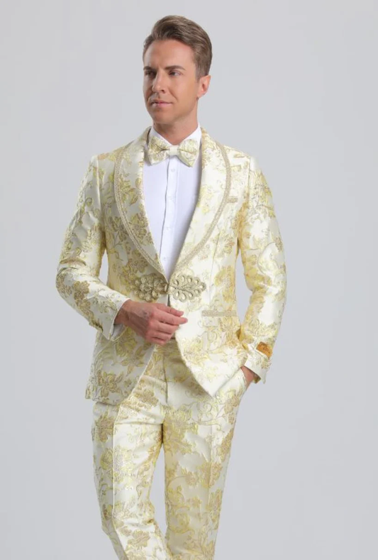 Best Men's Fancy Ivory & Gold Floral Paisley Prom Tuxedo with Gold Trim  - For Men  Fashion Perfect For Wedding or Prom or Business  or Church