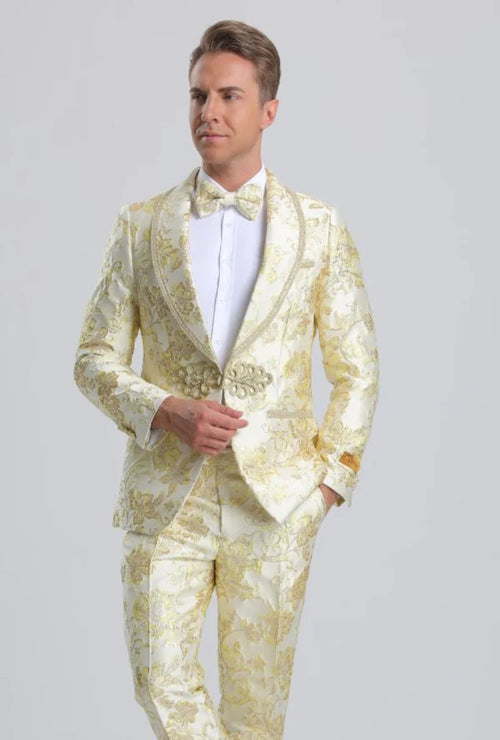 "Men's Fancy Ivory & Gold Floral Paisley Prom 2026 Tuxedo Suit with Gold Trim"