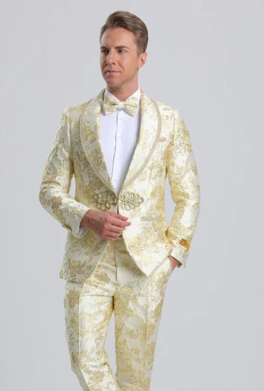 "Men's Fancy Ivory & Gold Floral Paisley Prom Tuxedo Suit with Gold Trim" Gold Prom Suits