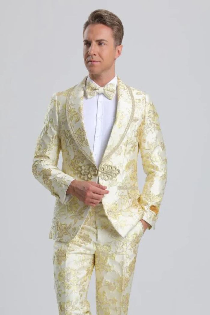 "Men's Fancy Ivory & Gold Floral Paisley Prom 2026 Tuxedo Suit with Gold Trim" Gold Prom 2026 Suits