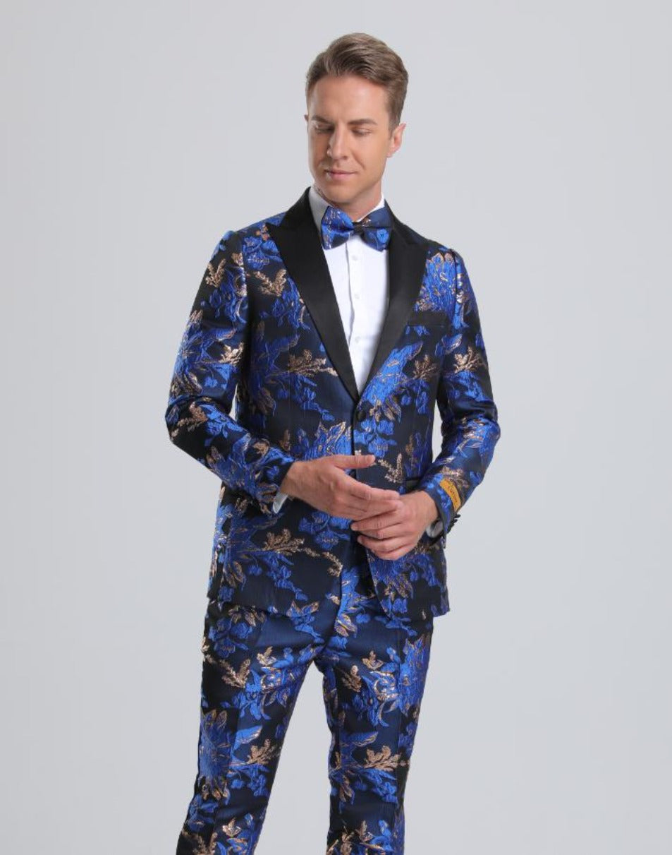 Mens Royal Blue Prom Tuxedo - Men's Royal Blue & Gold Floral Paisley Prom Tuxedo