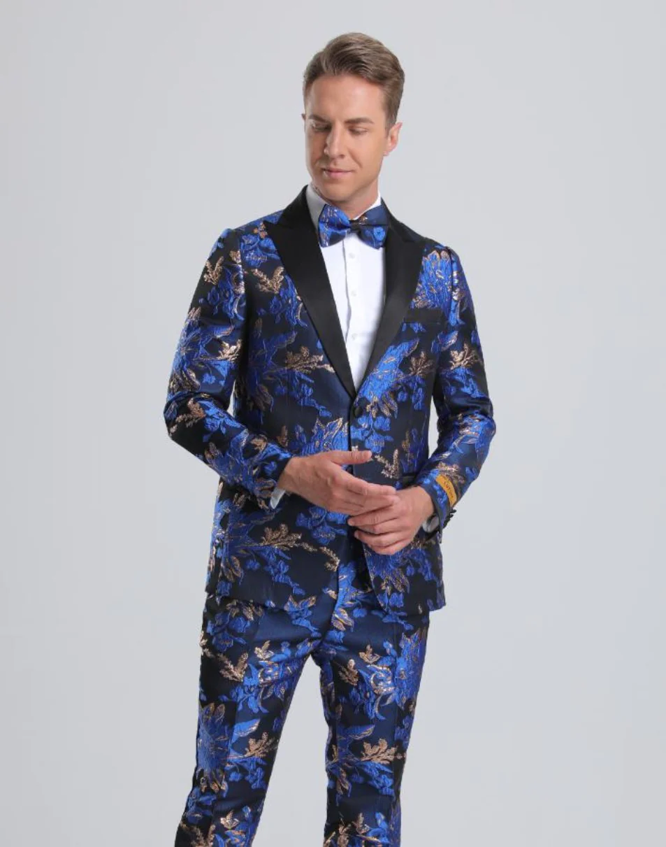 Best Men's Royal Blue & Gold Floral Paisley Prom Tuxedo  - For Men  Fashion Perfect For Wedding or Prom or Business  or Church