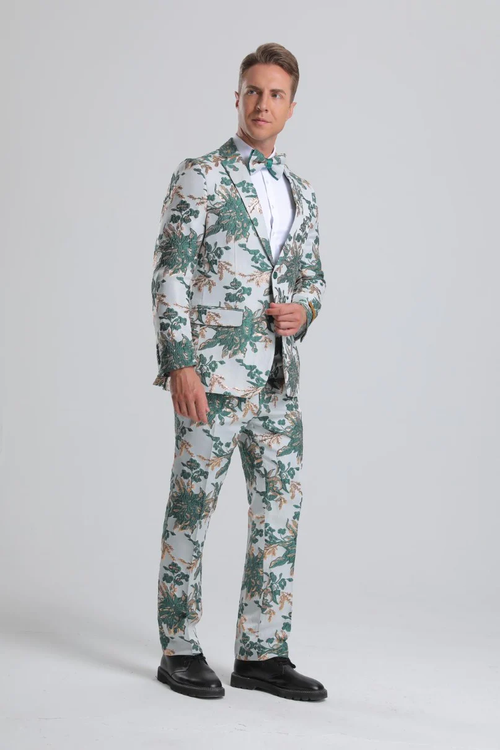 Best Men's Green, White & Gold Floral Paisley Prom 2026 Tuxedo  - For Men  Fashion Perfect For Wedding or Prom 2026 or Business  or Church