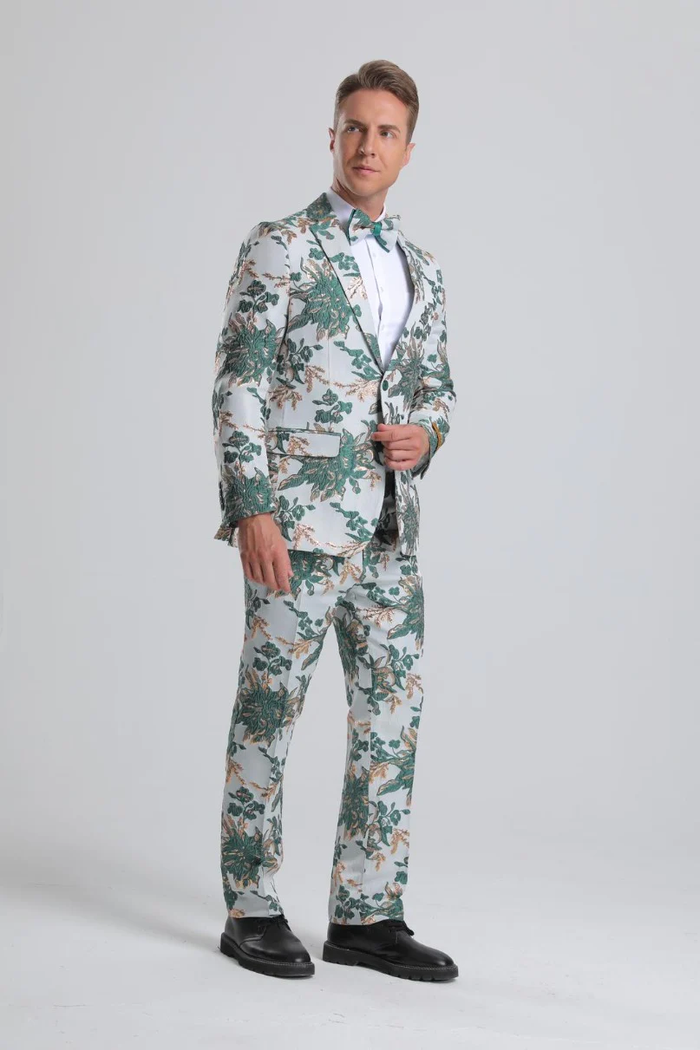 Best Men's Green, White & Gold Floral Paisley Prom 2026 Tuxedo  - For Men  Fashion Perfect For Wedding or Prom 2026 or Business  or Church