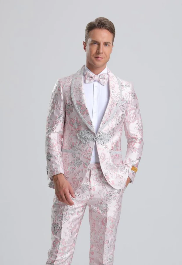 Best Men's Fancy Pink Floral Paisley Prom 2026 Tuxedo with Silver Trim  - For Men  Fashion Perfect For Wedding or Prom 2026 or Business  or Church