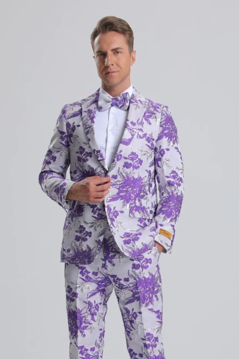 Best Men's Purple, White & Silver Floral Paisley Prom Tuxedo  - For Men  Fashion Perfect For Wedding or Prom or Business  or Church