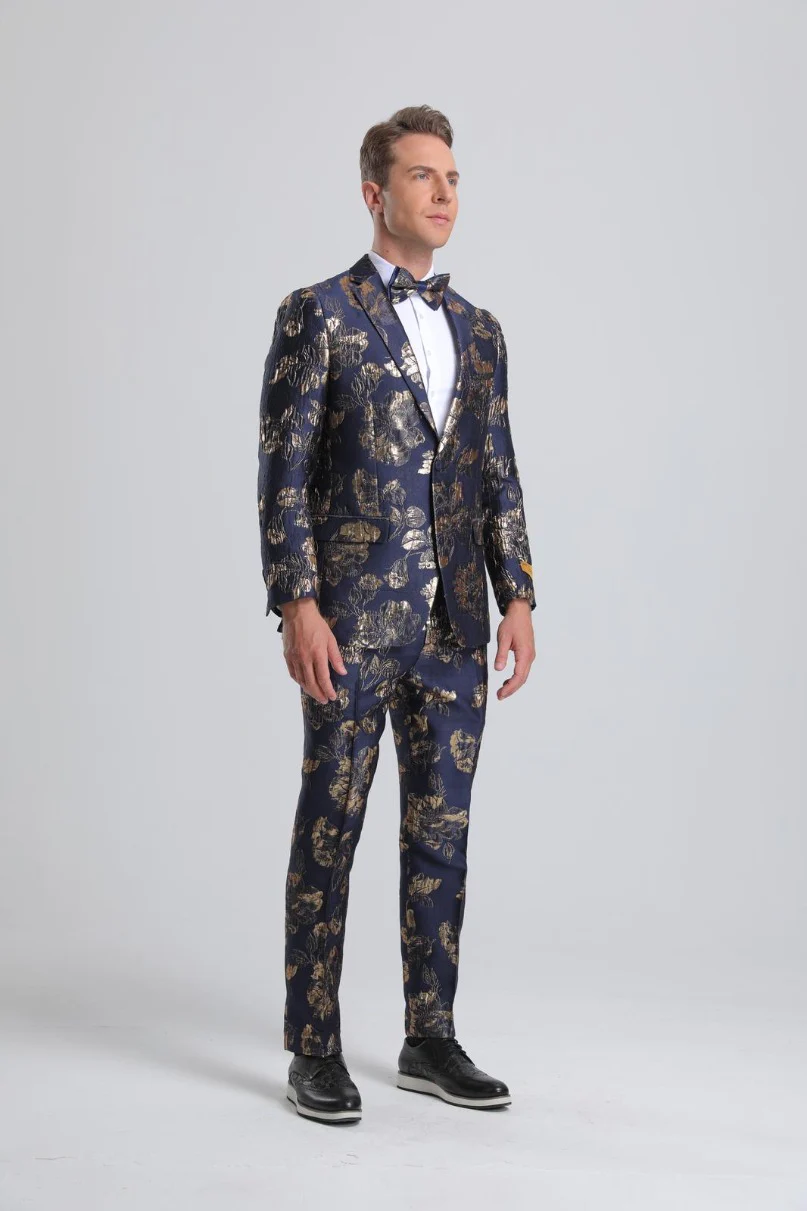 Best Men's Navy & Gold Floral Paisley Prom Tuxedo  - For Men  Fashion Perfect For Wedding or Prom or Business  or Church