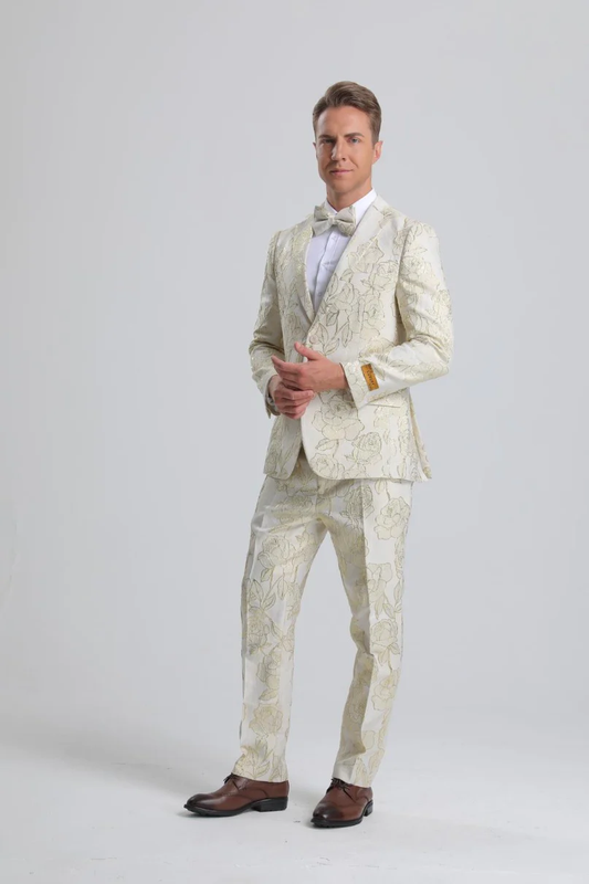 Best Men's Ivory & Gold Floral Paisley Prom 2025 Tuxedo - For Men  Fashion Perfect For Wedding or Prom 2025 or Business  or Church