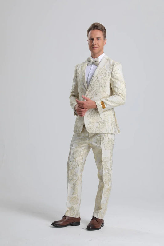 "Men's Ivory & Gold Floral Paisley Prom Tuxedo Suit" Gold Prom Suits