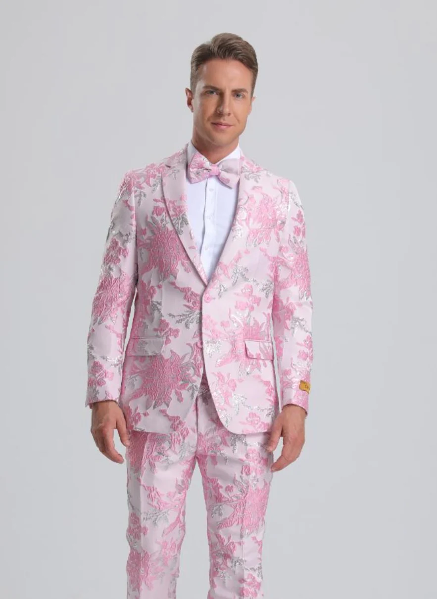 Best    Men's Pink & Silver Floral Paisley Prom Tuxedo - For Men  Fashion Perfect For Wedding or Prom or Business  or Church