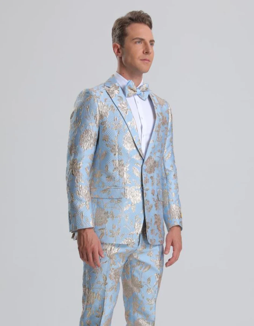 Best  Men's Sky Blue & Silver Gold Floral Paisley Prom 2026 Tuxedo - For Men  Fashion Perfect For Wedding or Prom 2026 or Business  or Church