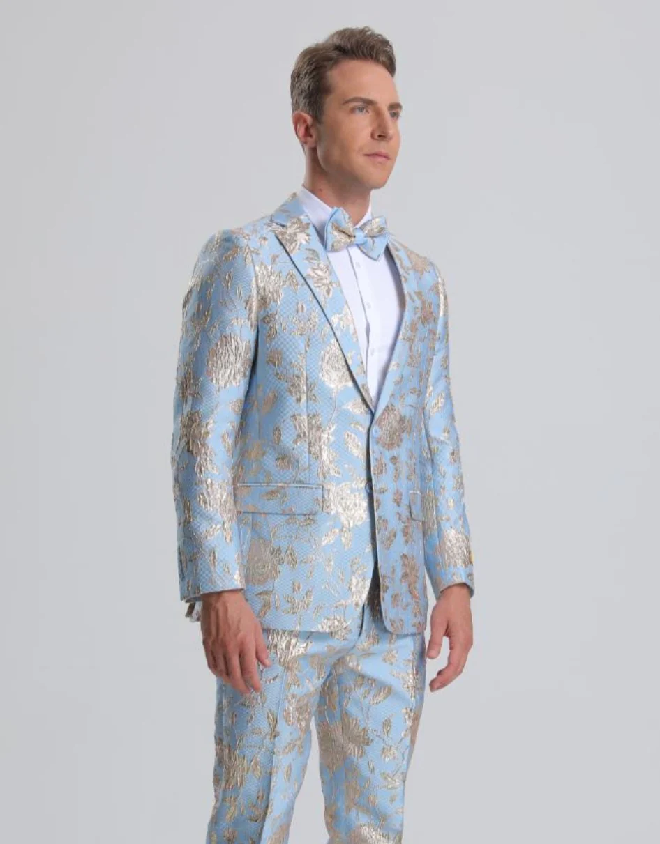 Best  Men's Sky Blue & Silver Gold Floral Paisley Prom Tuxedo - For Men  Fashion Perfect For Wedding or Prom or Business  or Church