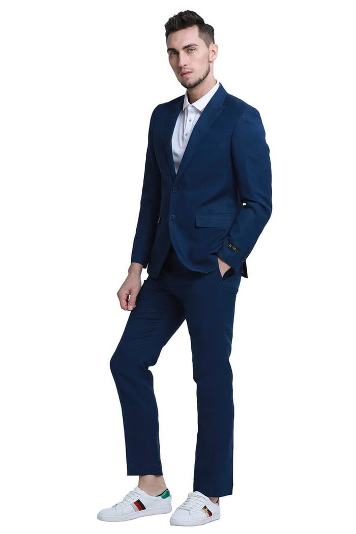 Cheap Priced Suit - Men's Two Button Peak Lapel Summer Linen Style Beach Wedding Navy Blue Suit