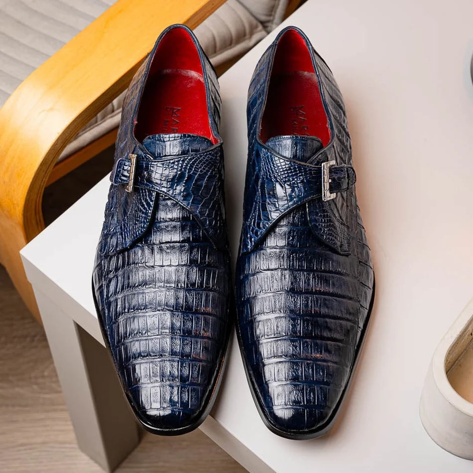 Marco Di Milano Rovigo Men's Shoes Navy Exotic Crocodile Skin Single Monk-strap Loafers - 8