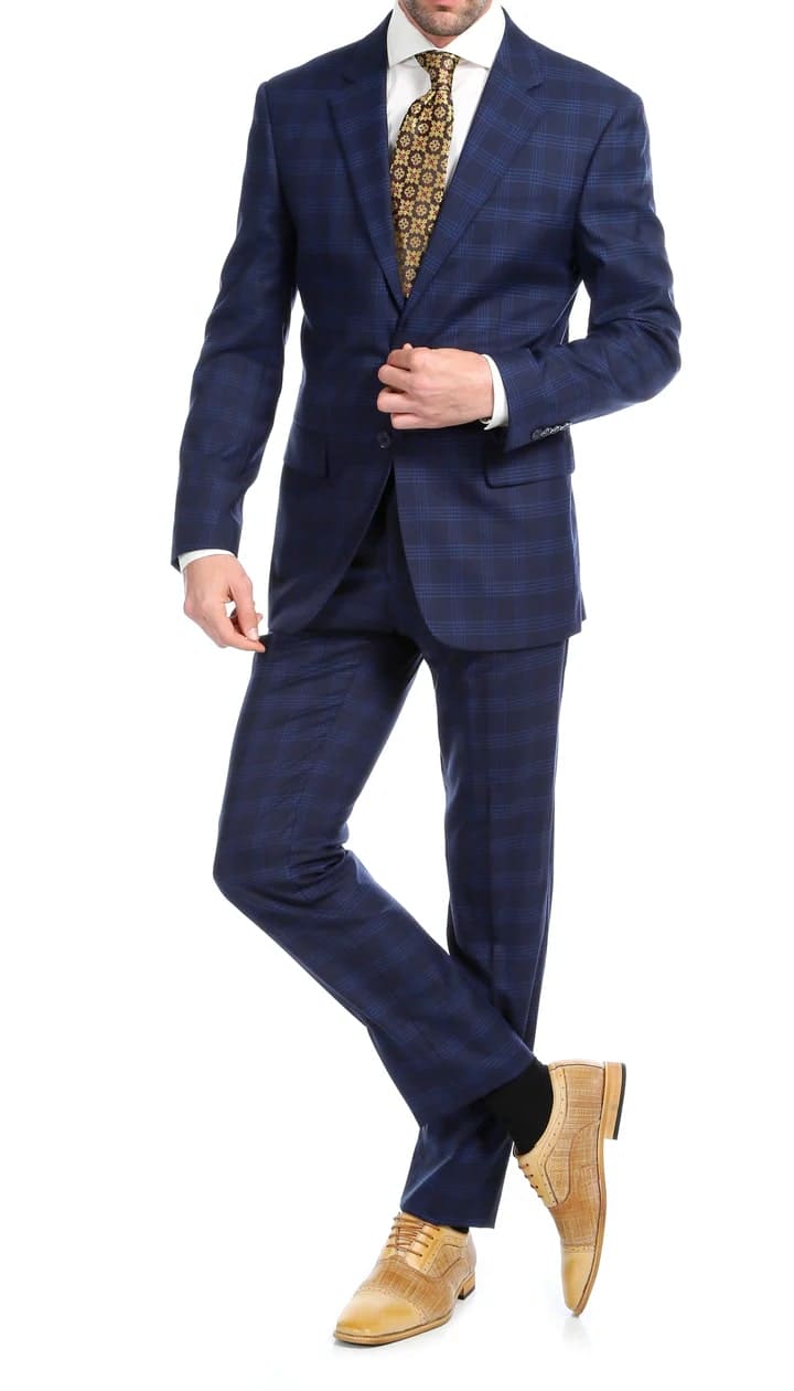 Yves Navy Blue Plaid Check Men's Premium 2pc Premium Wool Slim Fit Suit - 38 Short Jacket+32 Waist Adjustable 28to34)(Height: 5 4 to5 7 )(Neck  15-16.5)S-M)