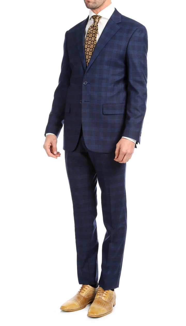 Yves Navy Blue Plaid Check Men's Premium 2pc Premium Wool Slim Fit Suit - 38 Short Jacket+32 Waist Adjustable 28to34)(Height: 5 4 to5 7 )(Neck  15-16.5)S-M)