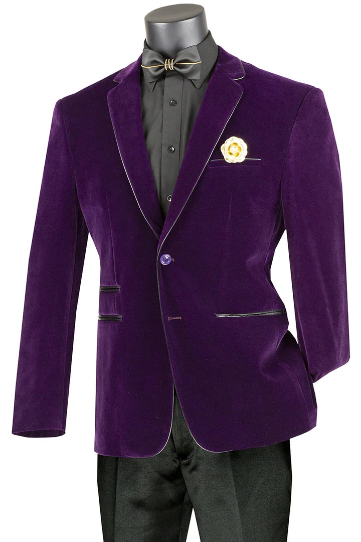 Mens Blazer - Cheap Priced Mens Sport Coat -Mens 2 Button Velvet Blazer In Purple With Black Leather Piping Trim