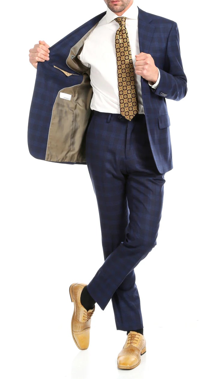 Yves Navy Blue Plaid Check Men's Premium 2pc Premium Wool Slim Fit Suit - 38 Short Jacket+32 Waist Adjustable 28to34)(Height: 5 4 to5 7 )(Neck  15-16.5)S-M)