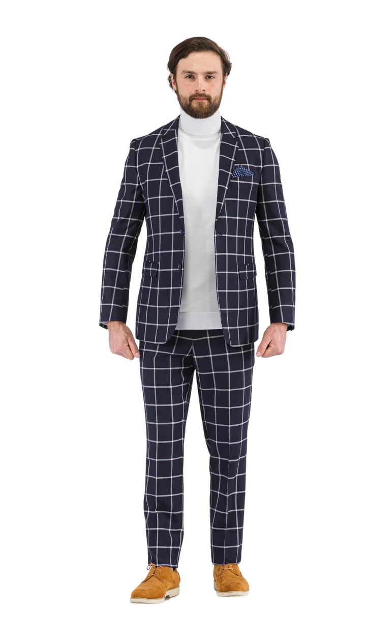Harvy Mens Slim Fit Navy Check Plaid Suit - 38 Short Jacket+32 Waist Adjustable 28to34)(Height: 5 4 to5 7 )(Neck  15-16.5)S-M)