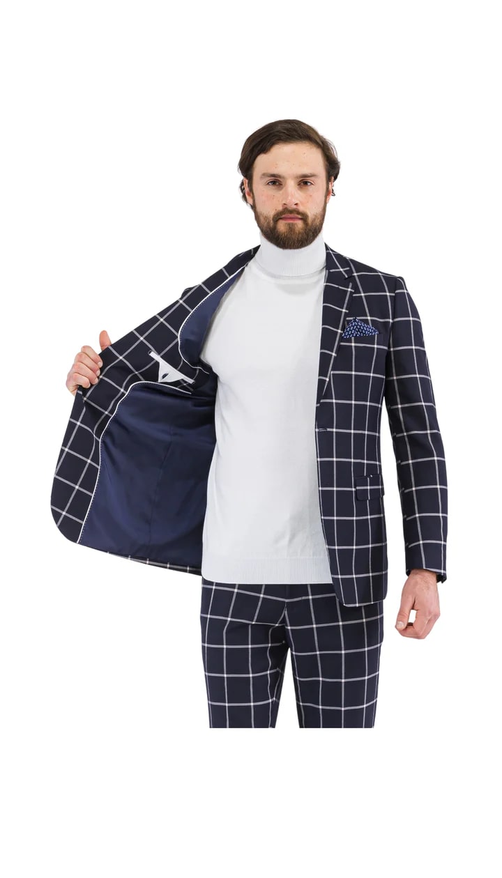 Harvy Mens Slim Fit Navy Check Plaid Suit - 38 Short Jacket+32 Waist Adjustable 28to34)(Height: 5 4 to5 7 )(Neck  15-16.5)S-M)
