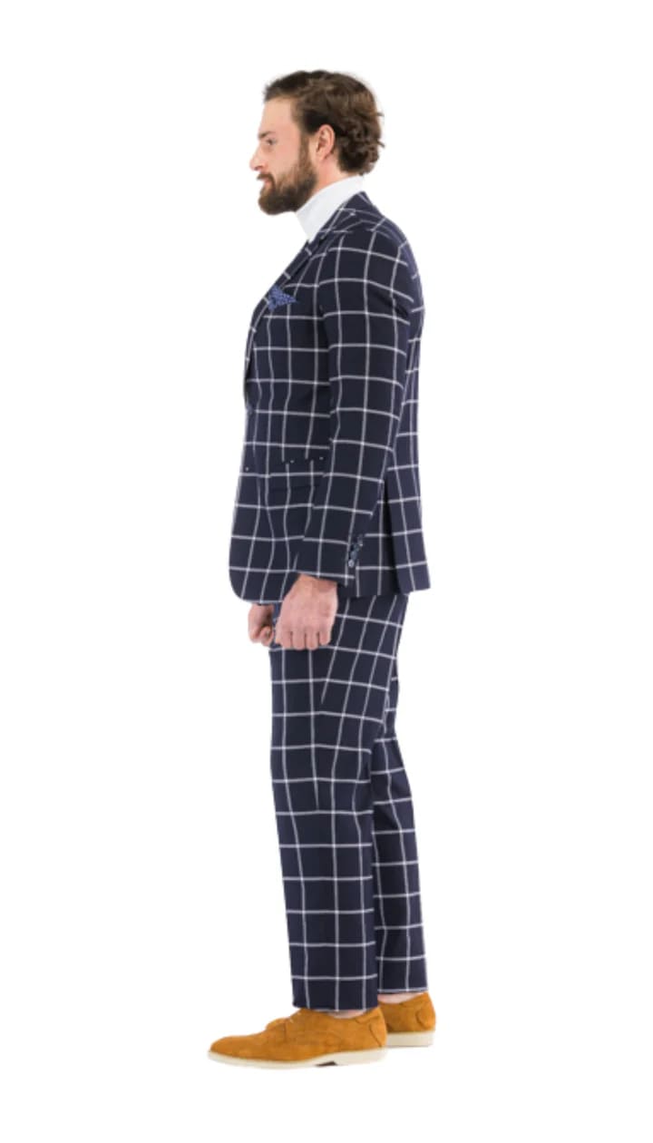 Harvy Mens Slim Fit Navy Check Plaid Suit - 38 Short Jacket+32 Waist Adjustable 28to34)(Height: 5 4 to5 7 )(Neck  15-16.5)S-M)