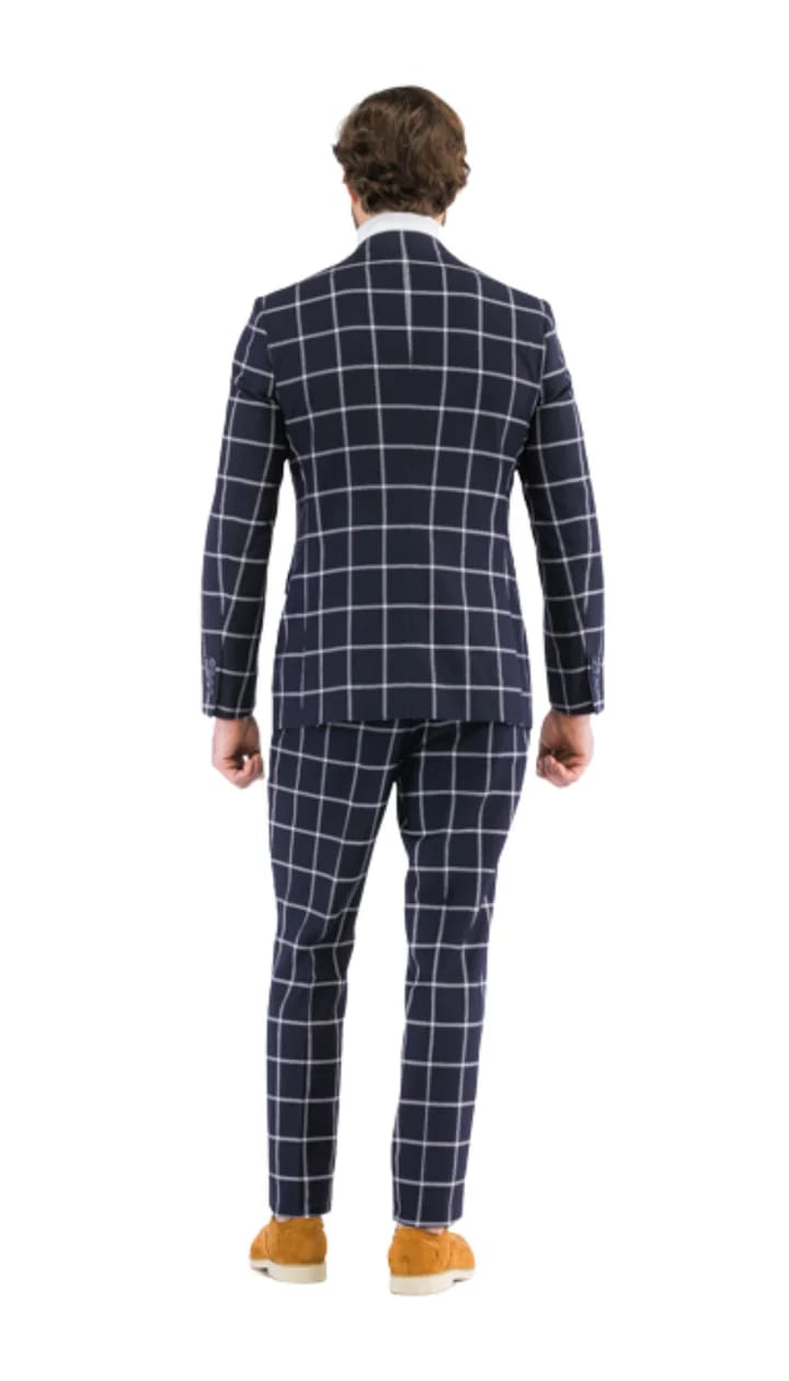 Harvy Mens Slim Fit Navy Check Plaid Suit - 38 Short Jacket+32 Waist Adjustable 28to34)(Height: 5 4 to5 7 )(Neck  15-16.5)S-M)
