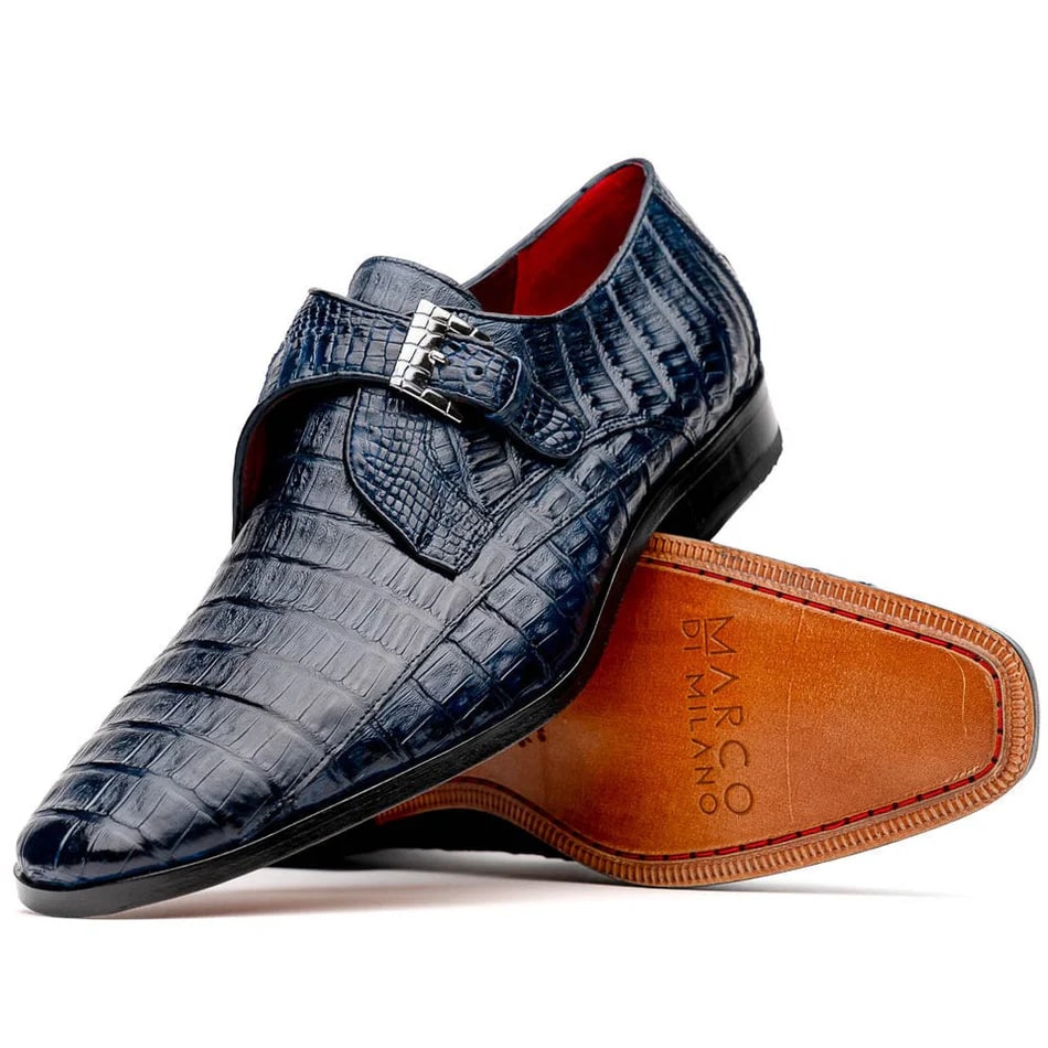 Marco Di Milano Rovigo Men's Shoes Navy Exotic Crocodile Skin Single Monk-strap Loafers - 8