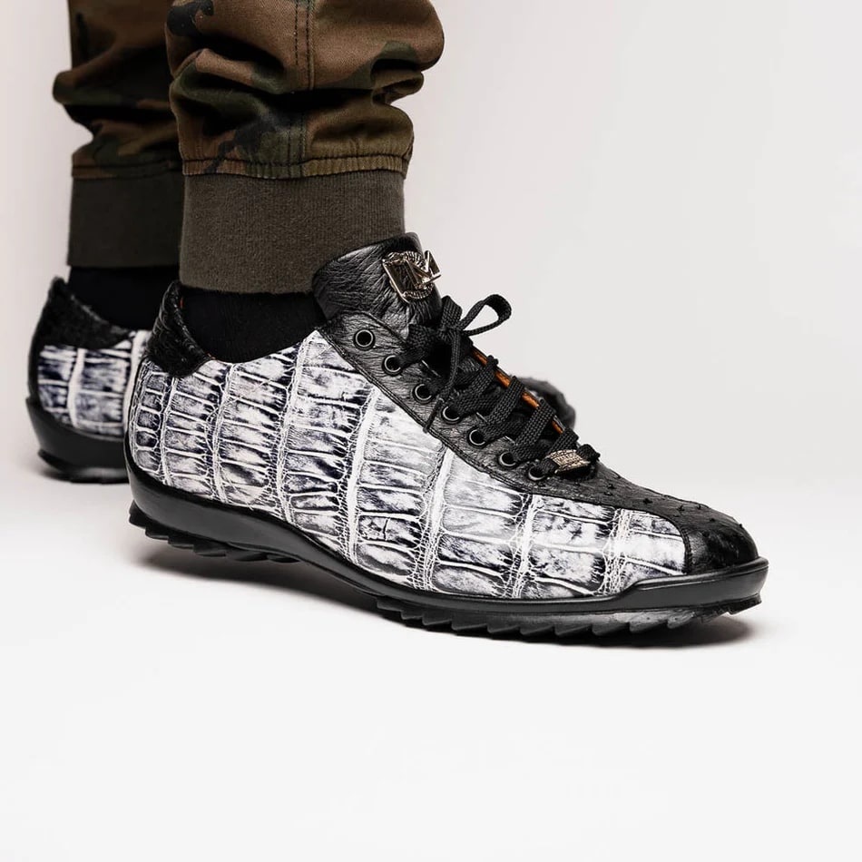 Marco Di Milano Saulo Men's Shoes Black & Newspaper Exotic Ostich / Alligator Casual Sneakers - 8
