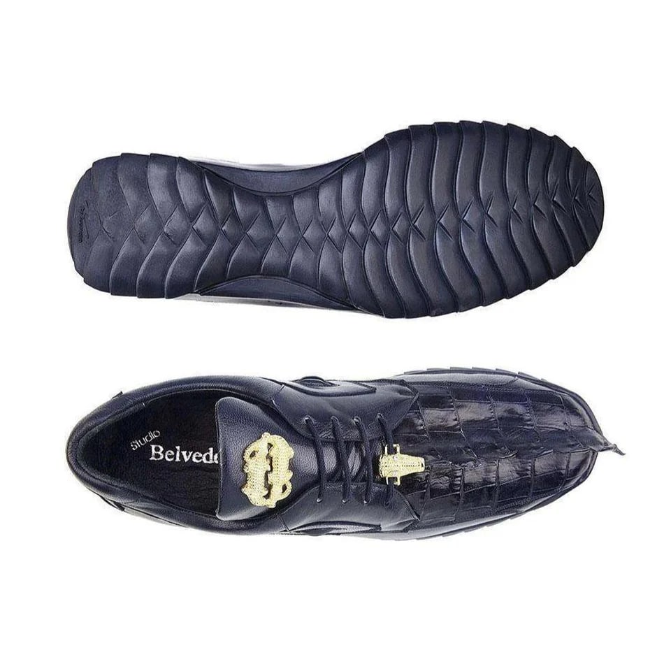 Belvedere Vasco Night Blue Genuine Hornback Crocodile  Soft Calf Casual Sneakers with Eyes - 8