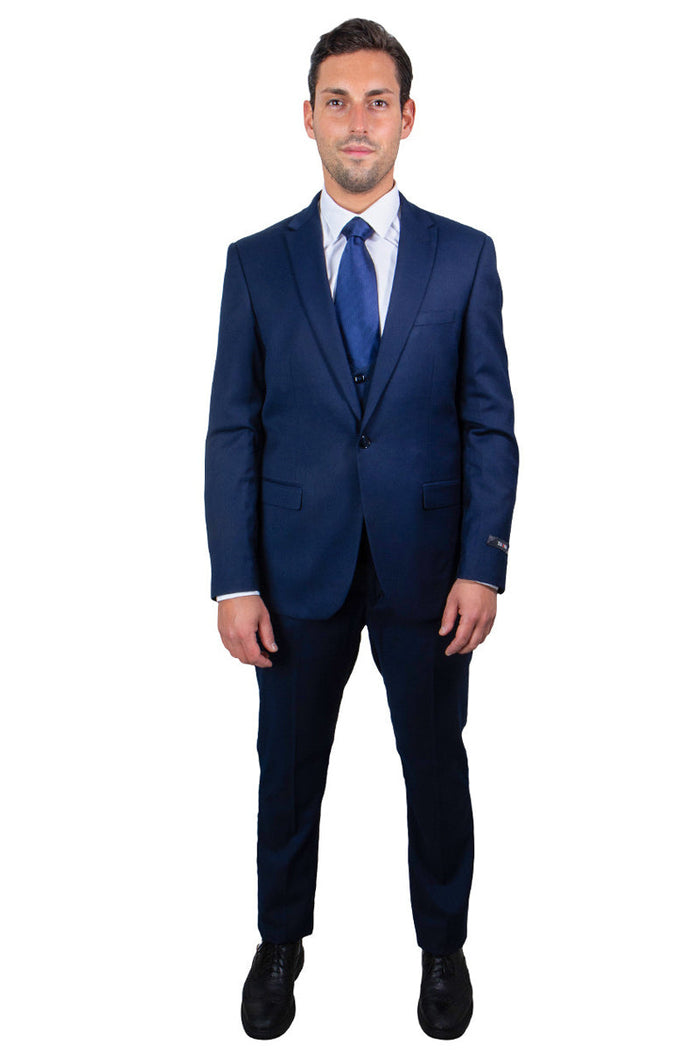 "Navy Blue Men's Skinny Wedding & Prom 2026 Suit with One Button Peak Lapel & Lowcut Vest"