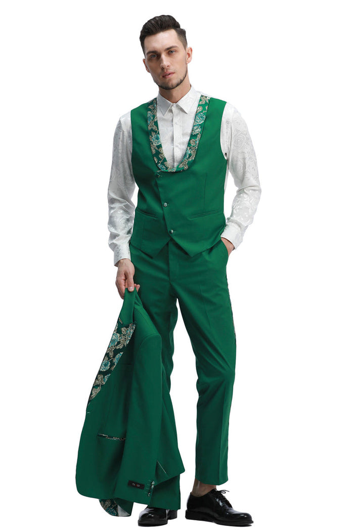 "Men's Hunter Green Prom 2026 & Wedding Tuxedo - One Button Vested with Floral Peak Lapel"