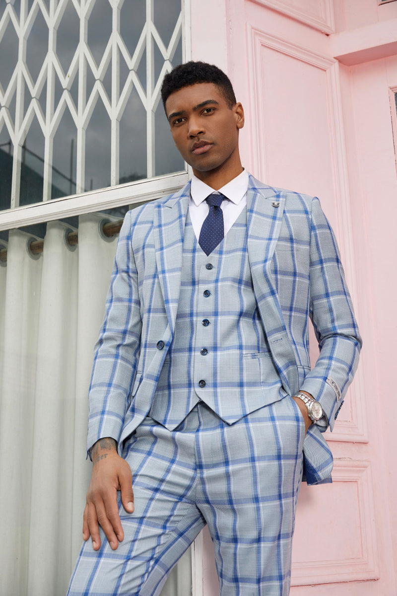 "Stacy Adams  Suit Men's Vested Peak Lapel Plaid Suit - Grey & Blue Windowpane"