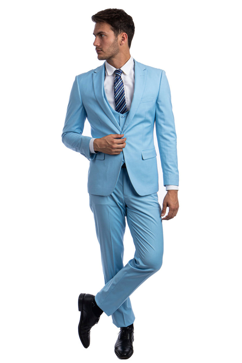 "Sky Blue Men's Skinny Wedding & Prom 2025 Suit - One Button Peak Lapel with Lowcut Vest" - 34 Short