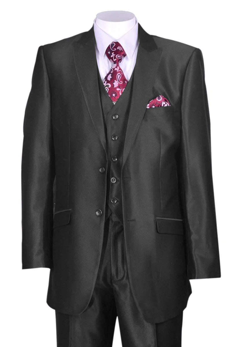 "Black Sharkskin Slim Fit Men's Suit - 2 Button Vested Style"