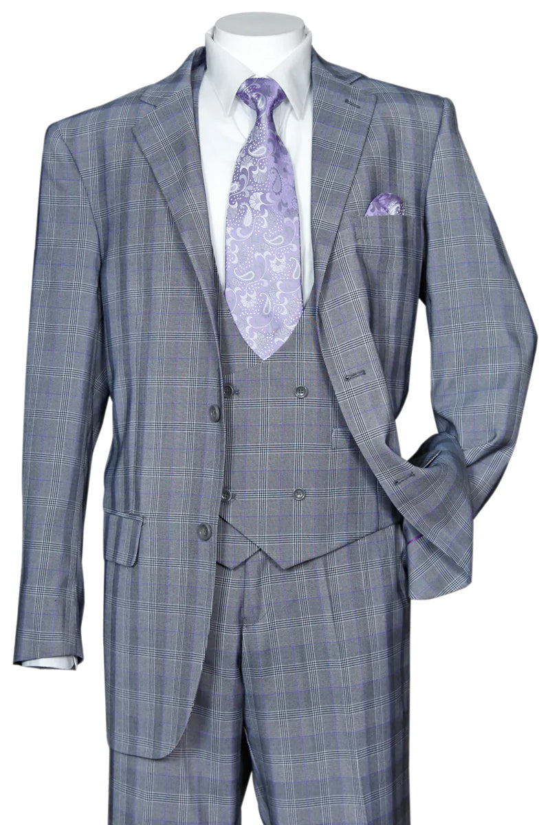 "Grey Plaid Windowpane Men's Modern Fit Suit with Double Breasted Vest"