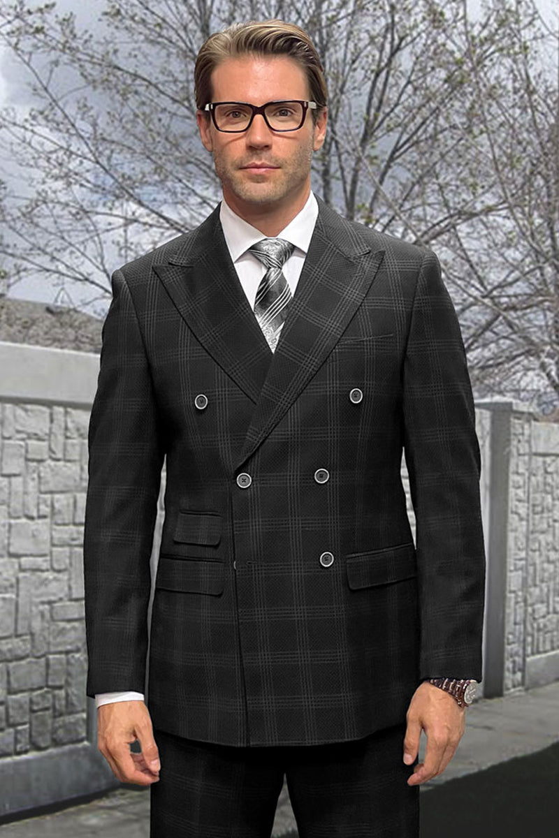 Men's Designer Classic Fit Double Breasted Wool Suit in Black Windowpane Plaid - 36 Short